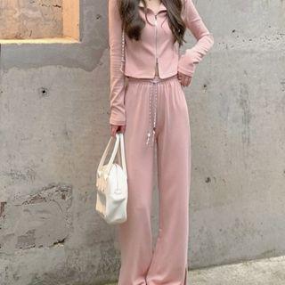 Cropped Zip-up Hoodie / Slit Wide Leg Pants