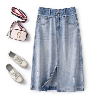 Distressed Midi Straight-fit Denim Skirt