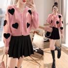 Set: Heart Print Cardigan + A-line Skirt