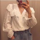 Long-sleeve Lace Paneled Buttoned Top White - One Size