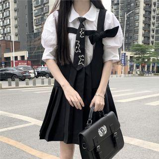 Puff-sleeve Tie-neck Shirt / Mini A-line Overall Dress / Ribbon
