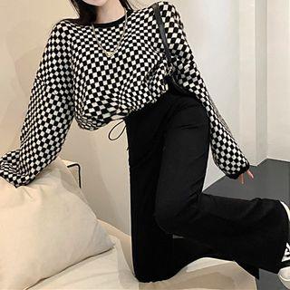 Round-neck Plaid Long-sleeve Knit Top / High-waist Slit Wide-leg Pants