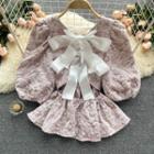 Lace-up Strap Bow Cutout Puff-sleeve Top