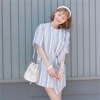 Frilled Striped Linen Blend Shift Dress