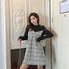 Plain Long-sleeve Slim-fit Top / Leopard Print V-neck Sleeveless Dress