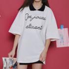 Lettering Elbow-sleeve Collared T-shirt