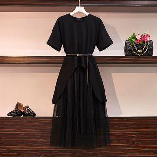 Set: Irregular Hem Short-sleeve T-shirt Dress + Mesh Midi A-line Skirt