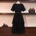 Set: Irregular Hem Short-sleeve T-shirt Dress + Mesh Midi A-line Skirt