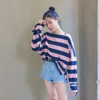 Long-sleeve Gather Cuff Striped Top