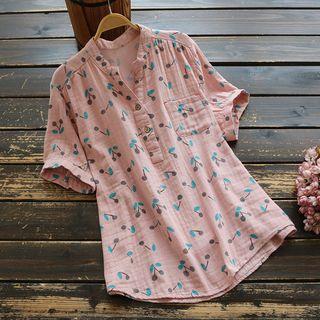 Short-sleeve Print Placket Top