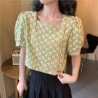 Square Collar Puff-sleeve Daisy Patterned Cropped Top