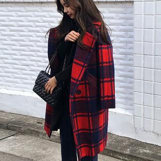 Raglan-sleeve Double-breasted Plaid Long Coat