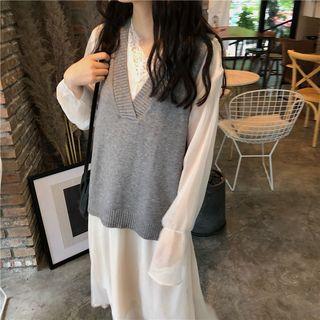 Bell-sleeve Midi A-line Dress / Knit Vest