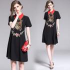 Short-sleeve Cat Embroidery Collared Dress