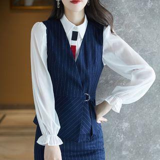 Striped Vest / Mesh Panel Shirt / Mini Pencil Skirt / Straight Leg Pants / Set