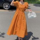 Puff-sleeve Square Neck Midi A-line Dress Orange - One Size