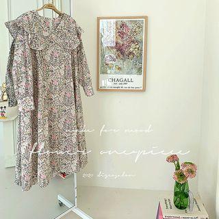 Frilled Wide-collar Long Floral Dress Cream - One Size