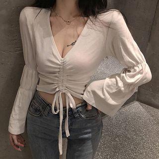 V-neck Drawstring Plain Top