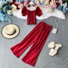 Set: Square-neck Short-sleeve Smocked Blouse + Wide-leg Pants