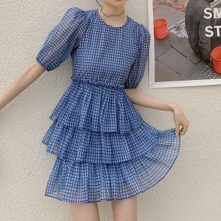 Short-sleeve Check Tiered Mini A-line Organza Dress