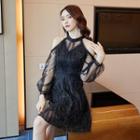 Cold Shoulder Mesh Panel Long-sleeve A-line Dress
