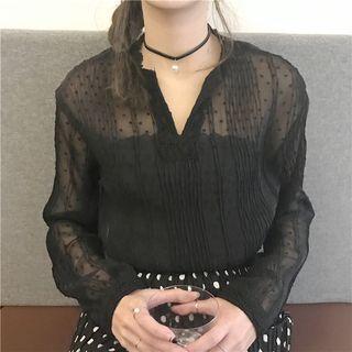 Split Placket Dotted See Through Blouse
