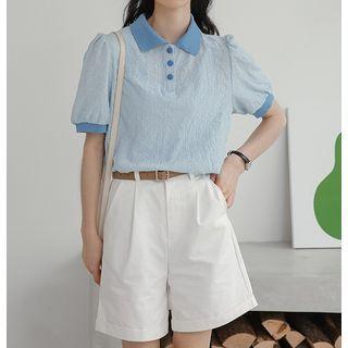 Short-sleeve Collar Color-block Top