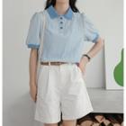 Short-sleeve Collar Color-block Top
