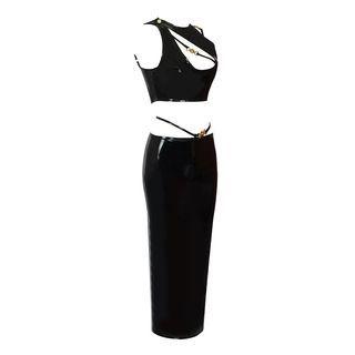Set: Halter-neck Faux Leather Cutout Buckled Crop Top + Pencil Skirt