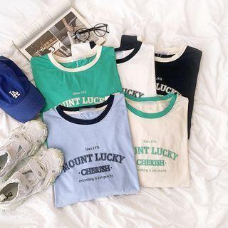 Long-sleeve Contrast Trim Printed T-shirt