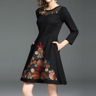 Cropped Long-sleeve Embroidered A-line Mini Dress