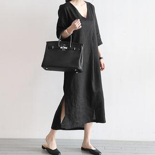 Deep V-neck Linen Long Shift Dress