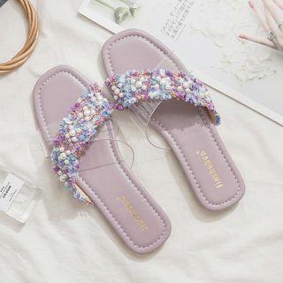Faux Pearl Crisscross Tweed Flat Slide Sandals