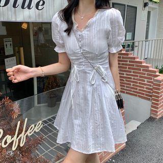 Puff-sleeve V-neck Lace-up Dress