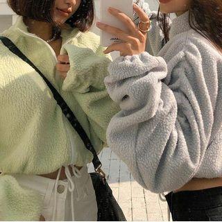 Fleece Zip Drawstring Waist Cropped Jacket