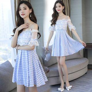 Lace Panel Off Shoulder Plaid Short Sleeve Dress