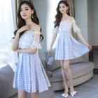 Lace Panel Off Shoulder Plaid Short Sleeve Dress