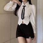 Long-sleeve Crop Shirt With Necktie / Mini Pencil Skort / Set