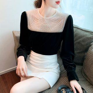 Flared-cuff Faux Pearl Panel Blouse
