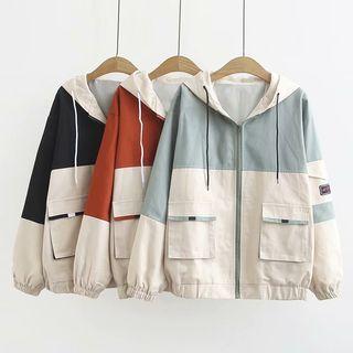 Color Block Zip Hooded Cargo Jacket / Long-sleeve Shirt