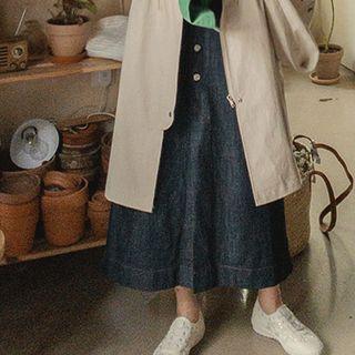 Button-up Denim Long Skirt Blue - One Size