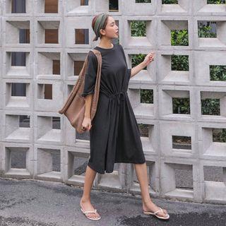 Drawstring-waist Printed-back Dress