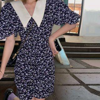Puff-sleeve Floral Print Shirred A-line Dress Blue - One Size