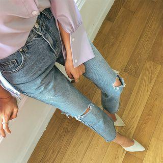 Slashed Washed Straight-cut Jeans
