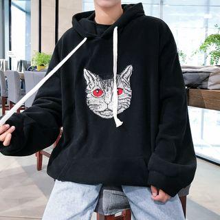 Cat Embroidered Drawstring Hoodie
