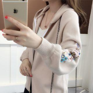 Embroidered Hooded Knitted Zip Jacket