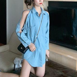 Off-shoulder Long-sleeve Denim Blouse Light Blue - One Size