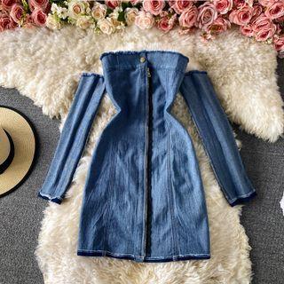 Plain Off Shoulder Denim Mini Dress