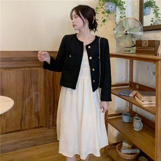 Single-breasted Jacket / Spaghetti-strap Midi A-line Dress