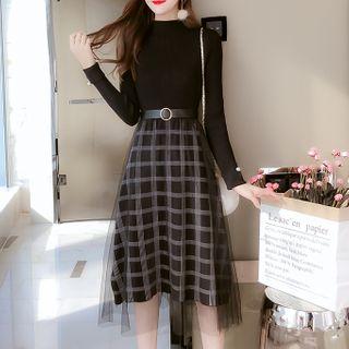 Mock Neck Long-sleeve Midi Mesh Dress